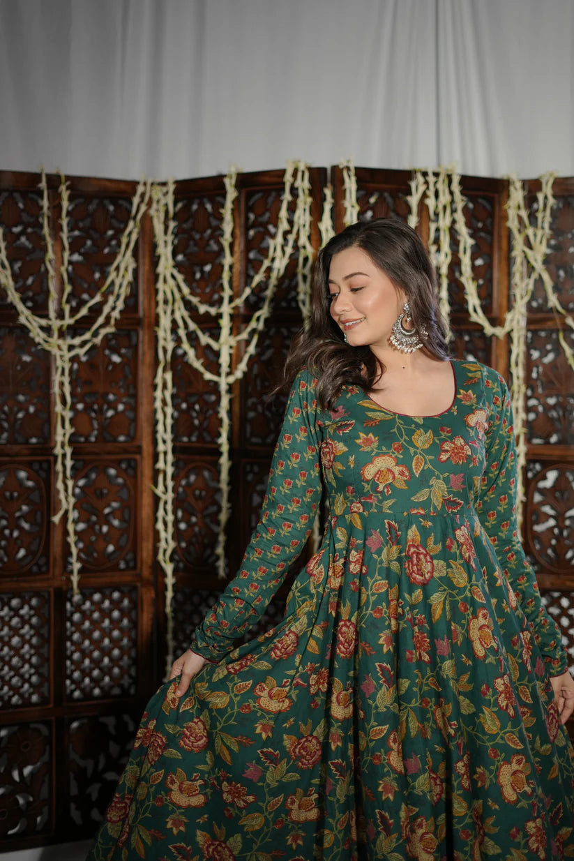 Emerald Bloom Cotton Anarkali Set – Handblock Floral Print & Timeless Festive Charm | Vedora