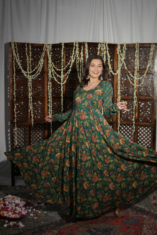 Emerald Bloom Cotton Anarkali Set – Handblock Floral Print & Timeless Festive Charm | Vedora