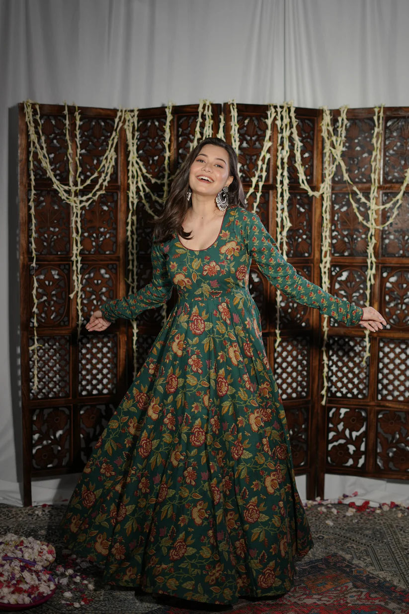 Emerald Bloom Cotton Anarkali Set – Handblock Floral Print & Timeless Festive Charm | Vedora