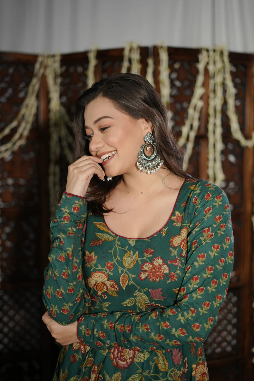 Emerald Bloom Cotton Anarkali Set – Handblock Floral Print & Timeless Festive Charm | Vedora