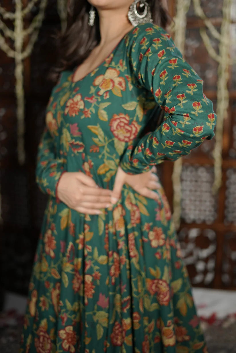 Emerald Bloom Cotton Anarkali Set – Handblock Floral Print & Timeless Festive Charm | Vedora