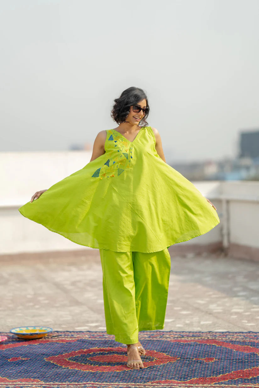 Lime Glow Cotton Slub Co-ord Set – Hand-Embroidered Breezy Summer Chic by Vedora