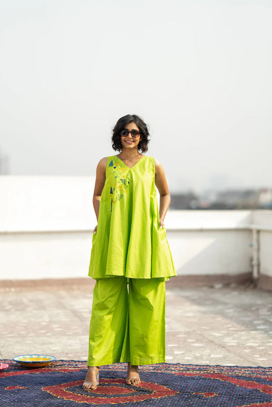 Lime Glow Cotton Slub Co-ord Set – Hand-Embroidered Breezy Summer Chic by Vedora