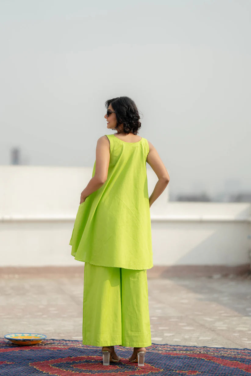 Lime Glow Cotton Slub Co-ord Set – Hand-Embroidered Breezy Summer Chic by Vedora