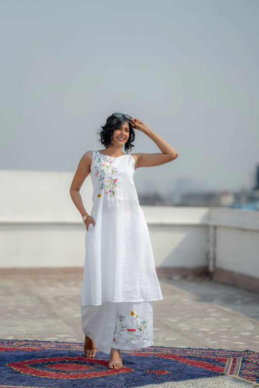 Ivory Bloom Cotton Slub Co-ord Set – Hand-Embroidered Floral Elegance by Vedora