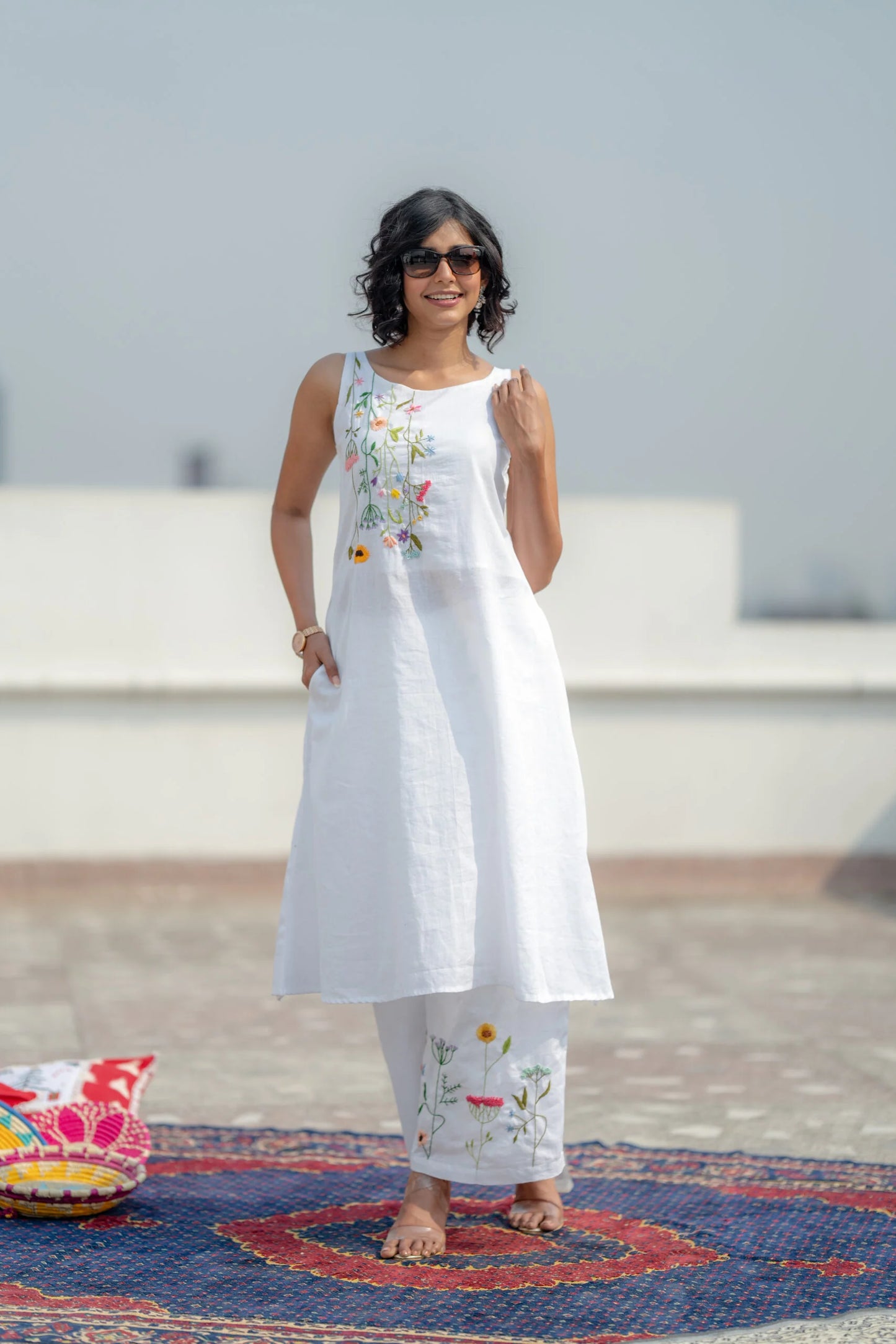 Ivory Bloom Cotton Slub Co-ord Set – Hand-Embroidered Floral Elegance by Vedora
