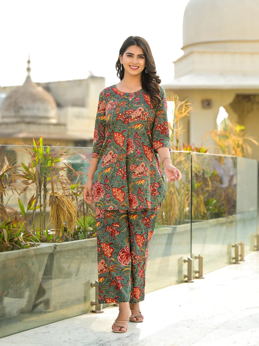 Floral Charm Green Cotton Co-ord Set