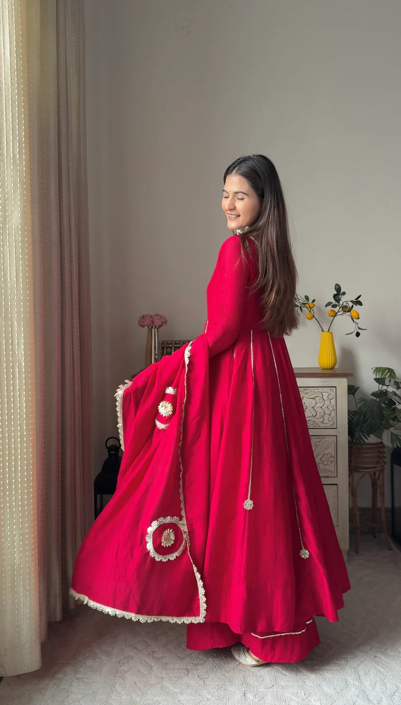 "Arka" - Vibrant Red Georgette Anarkali Suit Set with Gold Gota