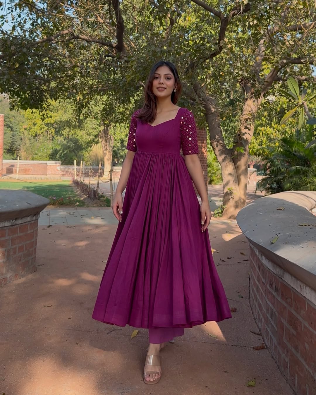 Deep Magenta Mirror Work Anarkali Kurta Set