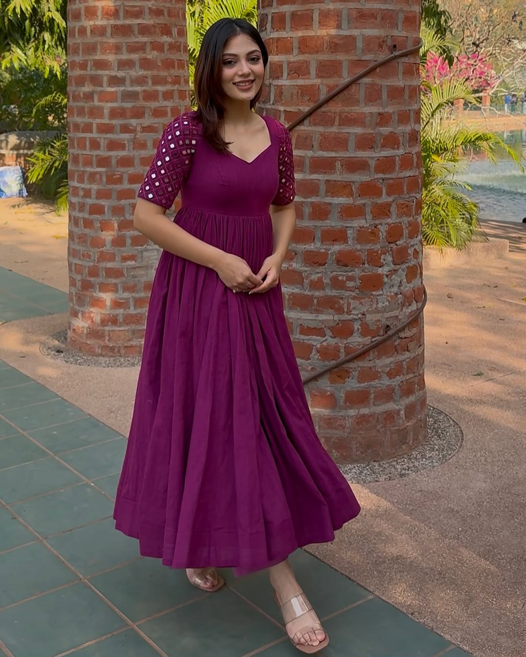 Deep Magenta Mirror Work Anarkali Kurta Set