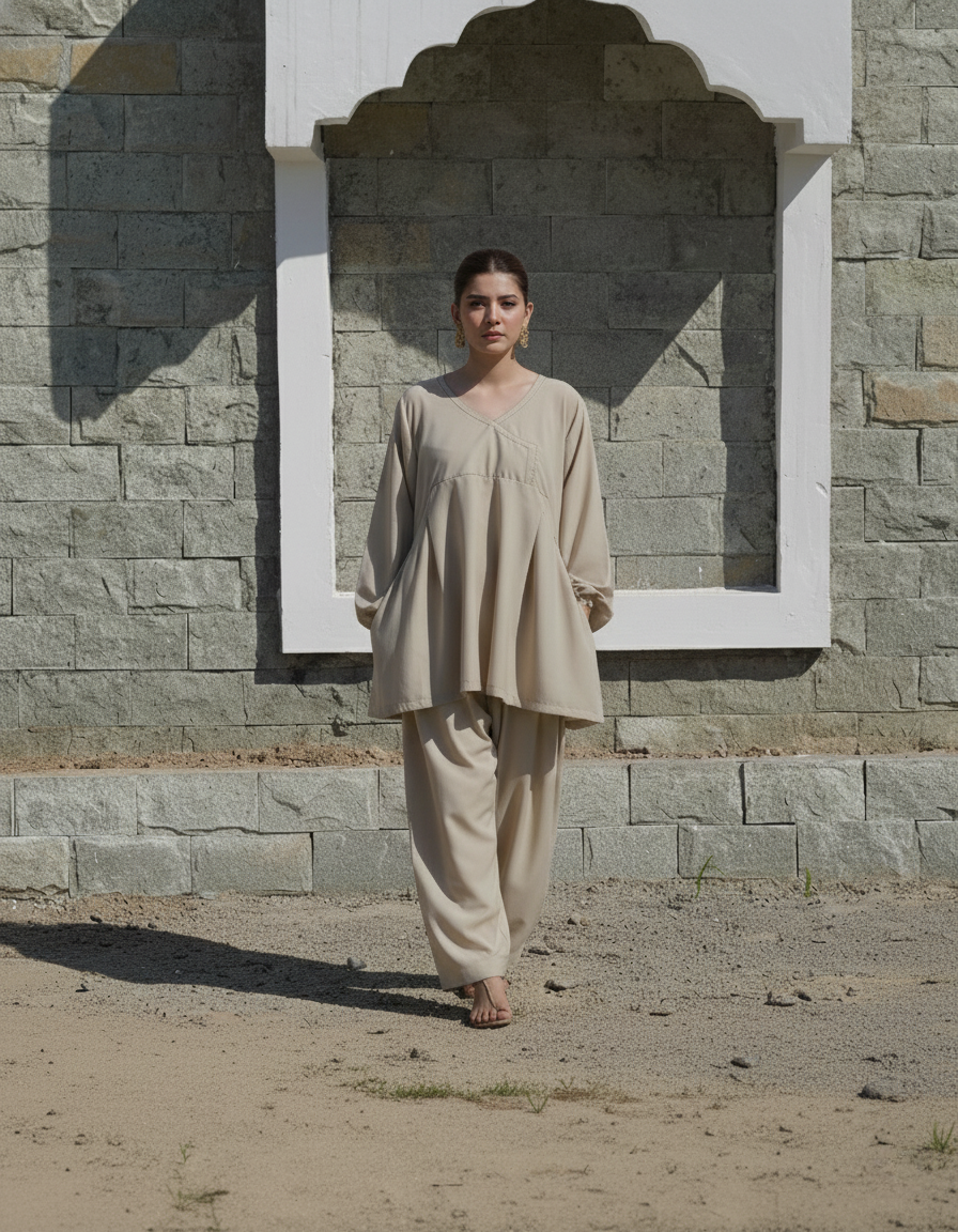 "Mrinalini" - Beige Rayon Gathered Tunic Co-ord Set