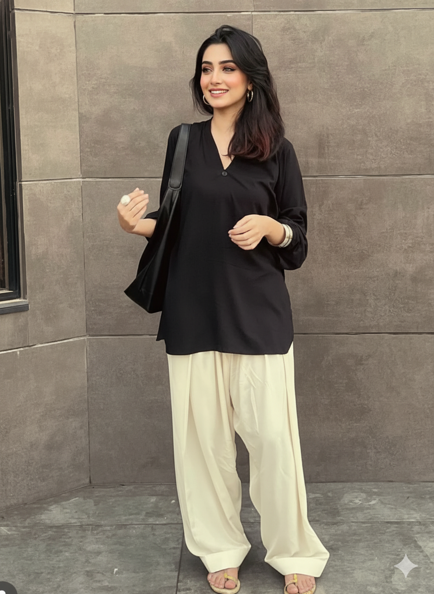 "Amara" - Black Kurta with Off-White Farshi Salwar Set