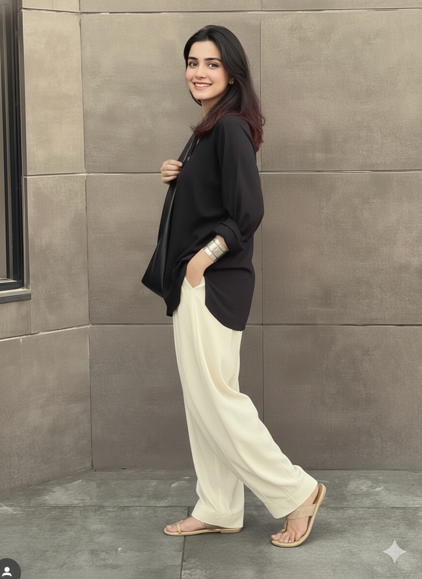 "Amara" - Black Kurta with Off-White Farshi Salwar Set