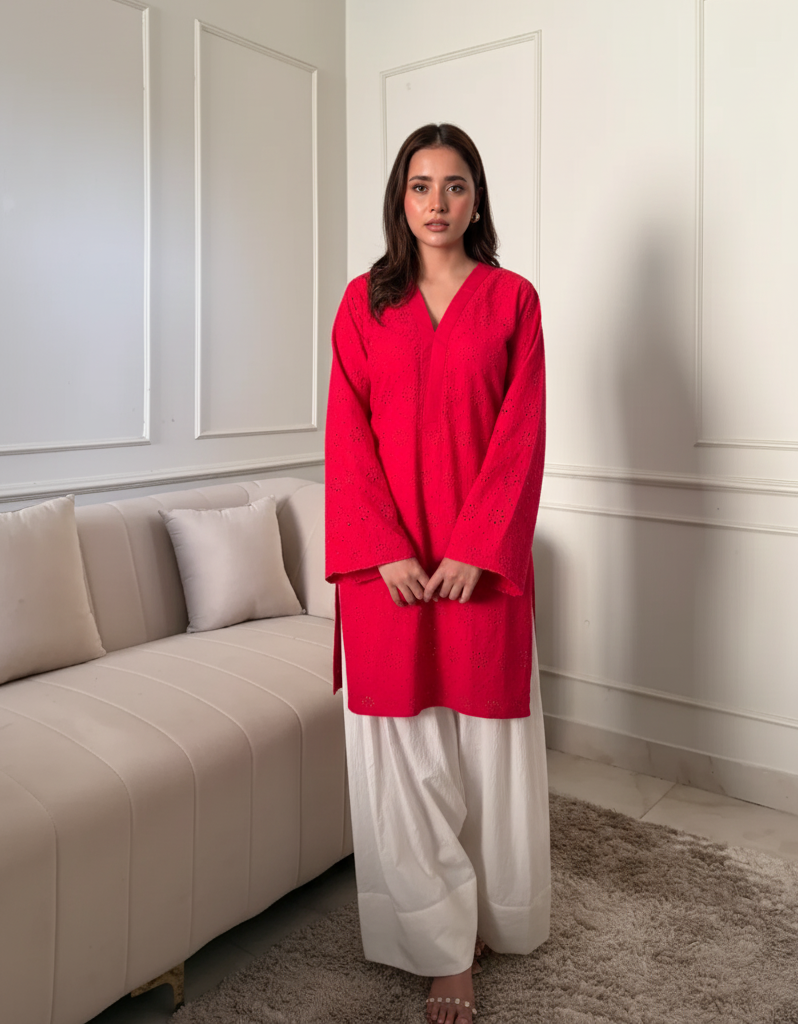 "Gulnar" - Red Hakoba Cotton Kurta with White Farshi Salwar Set