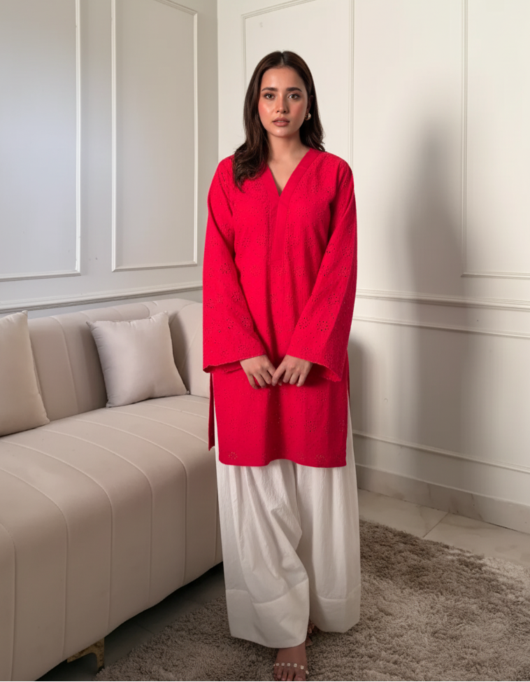 "Gulnar" - Red Hakoba Cotton Kurta with White Farshi Salwar Set