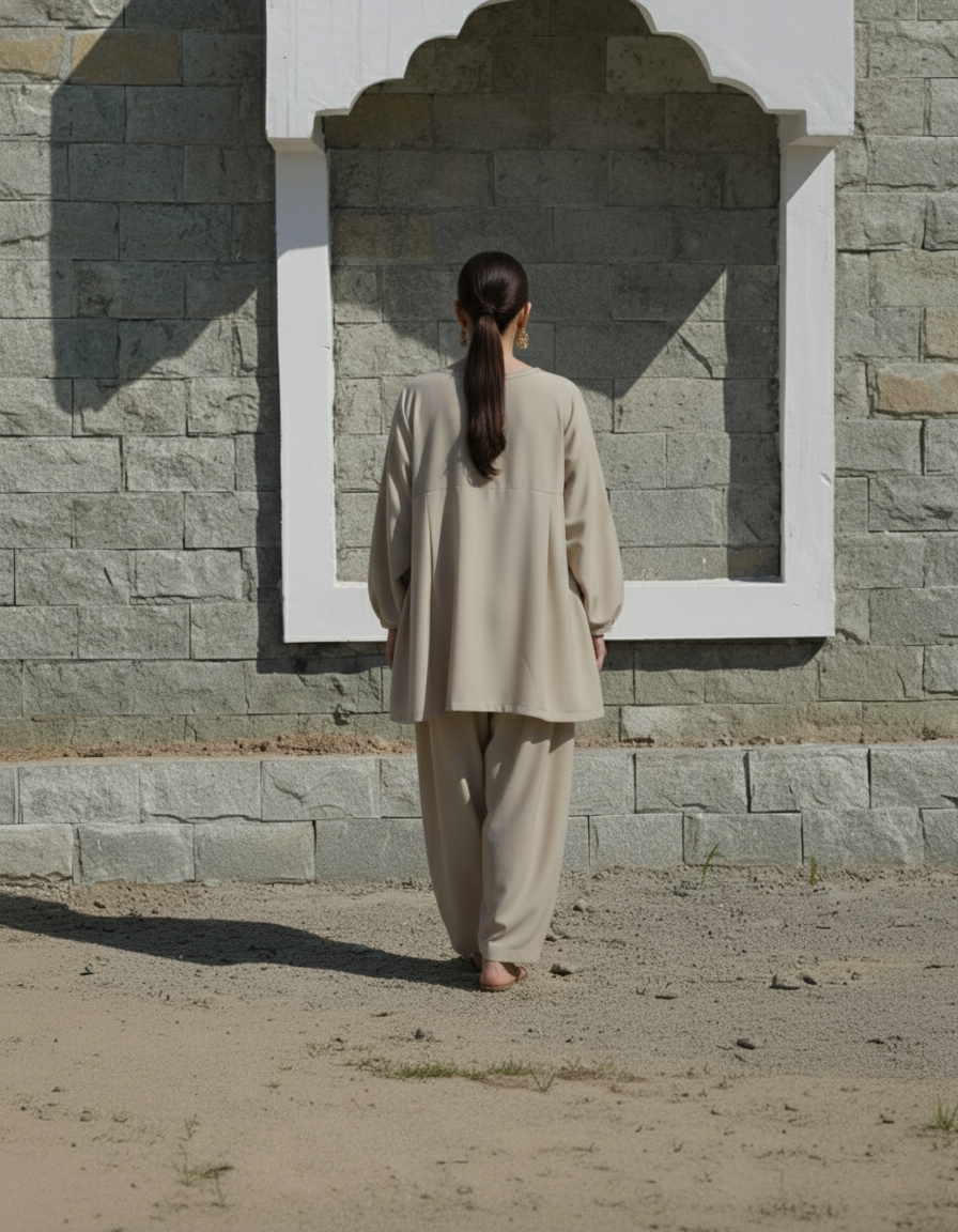 "Mrinalini" - Beige Rayon Gathered Tunic Co-ord Set