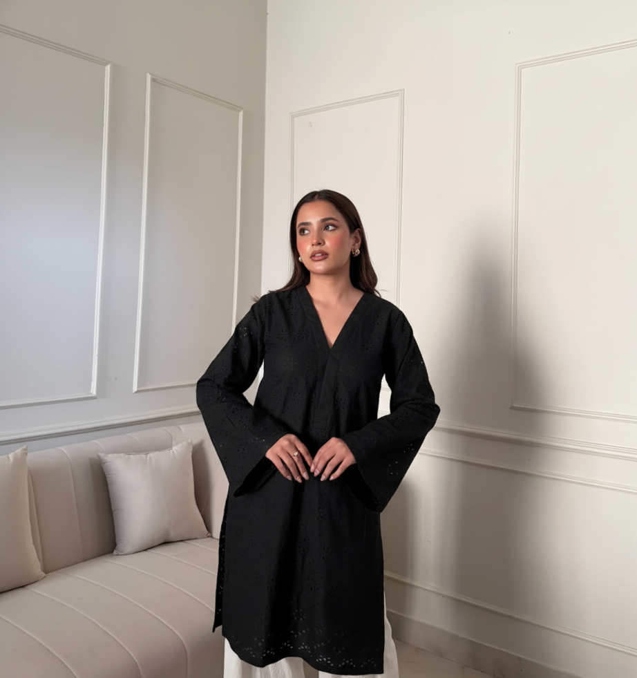 "Gulnar" - Black Hakoba Cotton Kurta with White Farshi Salwar Set