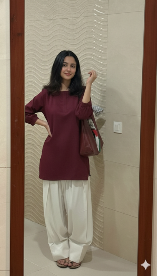 "Myra" - Maroon Kurta & White Farshi Salwar Set