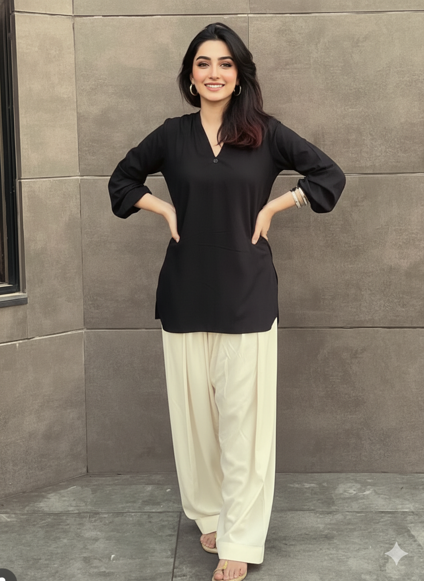 "Amara" - Black Kurta with Off-White Farshi Salwar Set