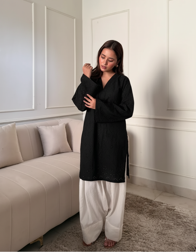 "Gulnar" - Black Hakoba Cotton Kurta with White Farshi Salwar Set