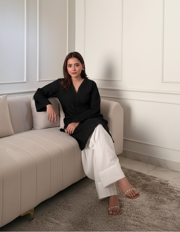 "Gulnar" - Black Hakoba Cotton Kurta with White Farshi Salwar Set