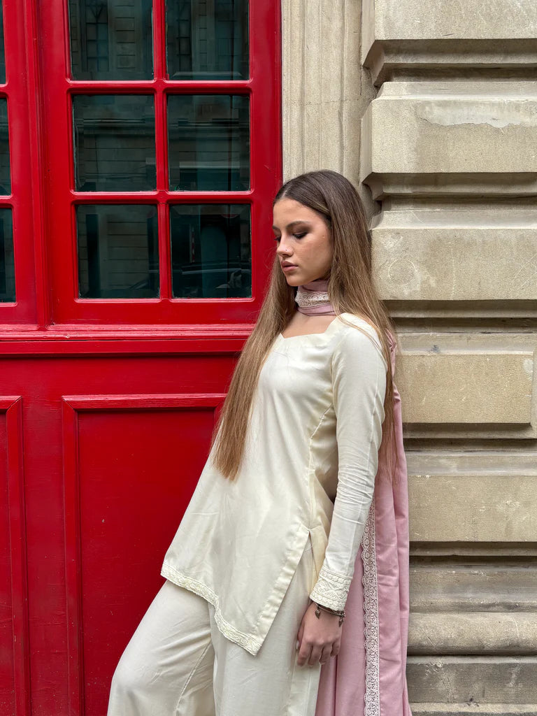"Inayat" - Cream Cotton Blend Kurta Palazzo Set with Pink Dupatta