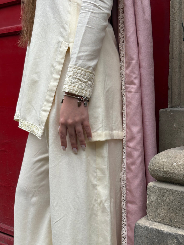"Inayat" - Cream Cotton Blend Kurta Palazzo Set with Pink Dupatta
