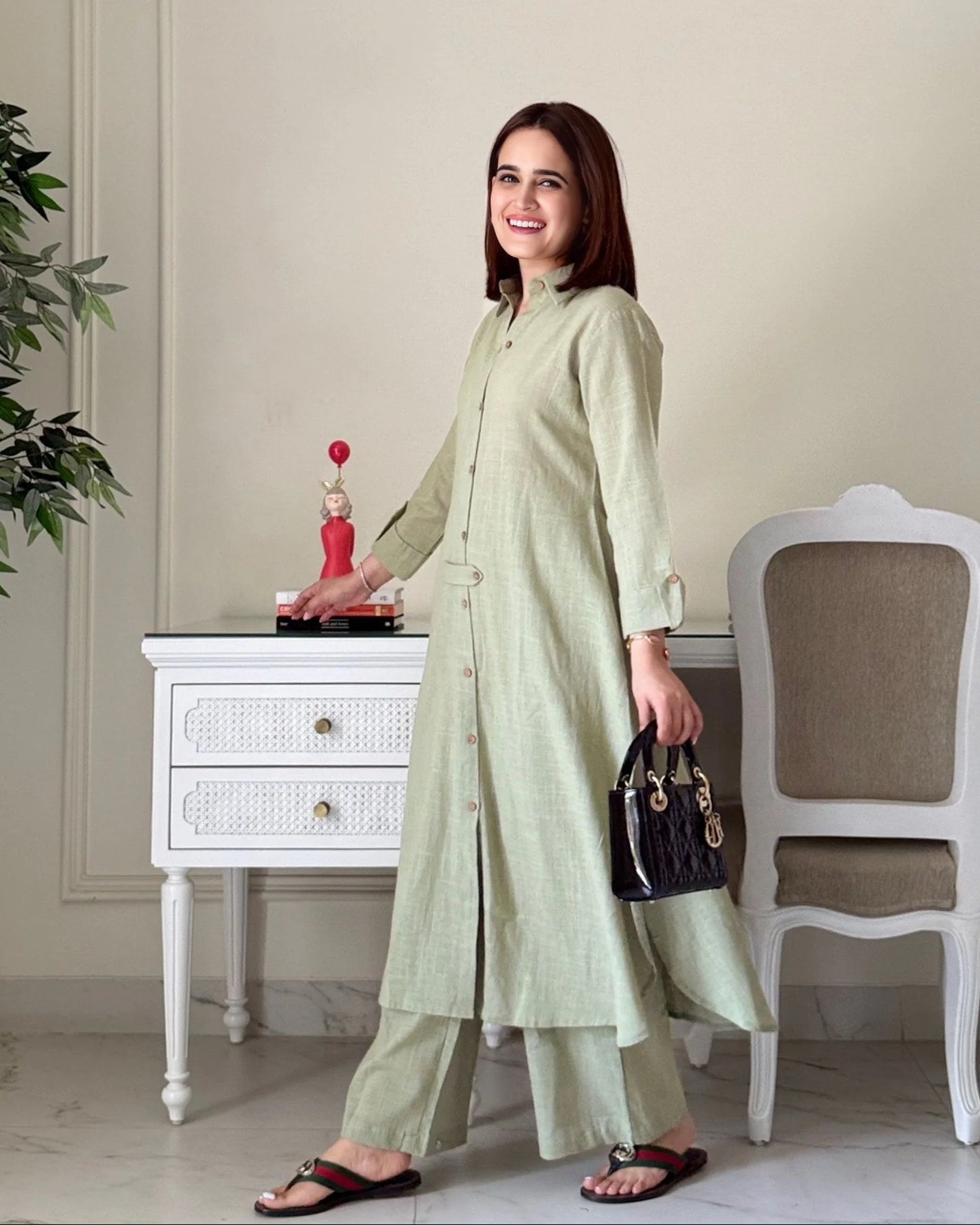 Urban Ease Sage Green Cotton Co-ord Set – Collar Kurta with Pants