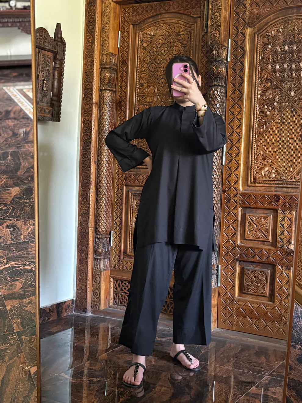 "Zaha" - Sophisticated Black Cotton Tunic & Wide Pants Co-ord Set