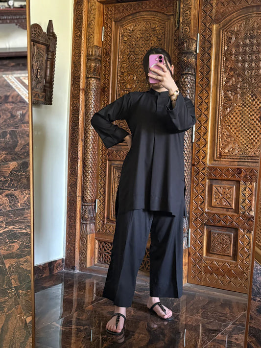 "Zaha" - Sophisticated Black Cotton Tunic & Wide Pants Co-ord Set