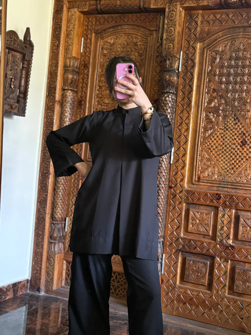 "Zaha" - Sophisticated Black Cotton Tunic & Wide Pants Co-ord Set