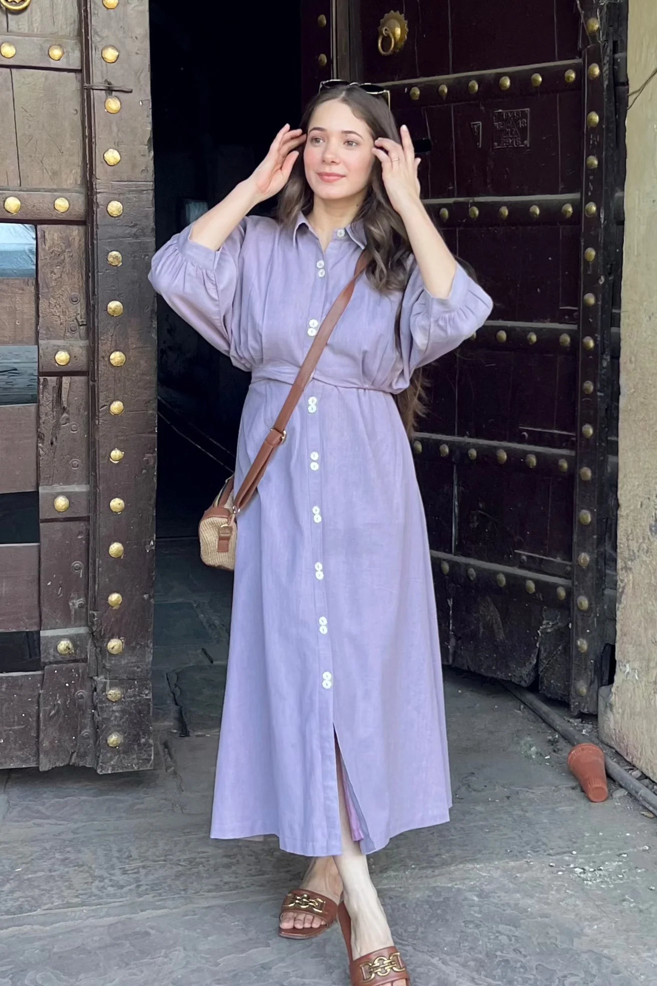 "Samira" - Lilac Cotton Flex Button-Down Shirt Dress