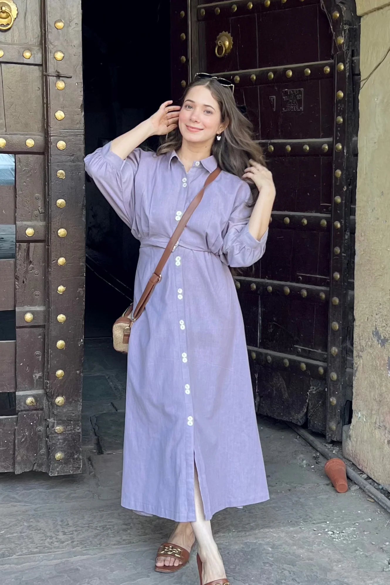 "Samira" - Lilac Cotton Flex Button-Down Shirt Dress