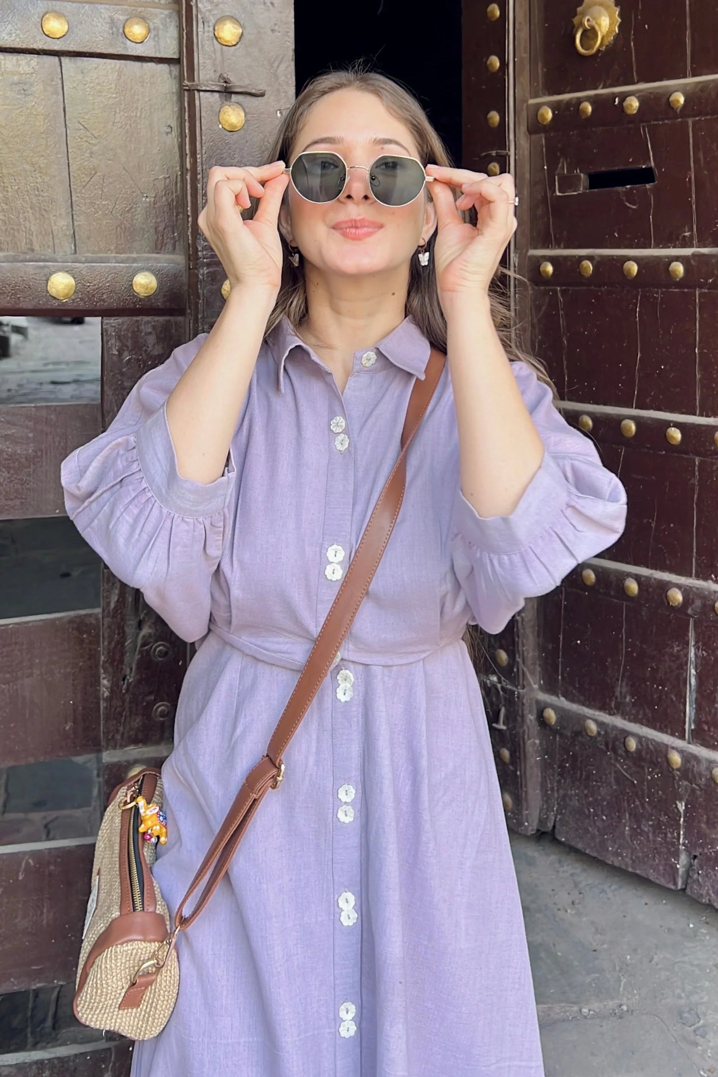 "Samira" - Lilac Cotton Flex Button-Down Shirt Dress