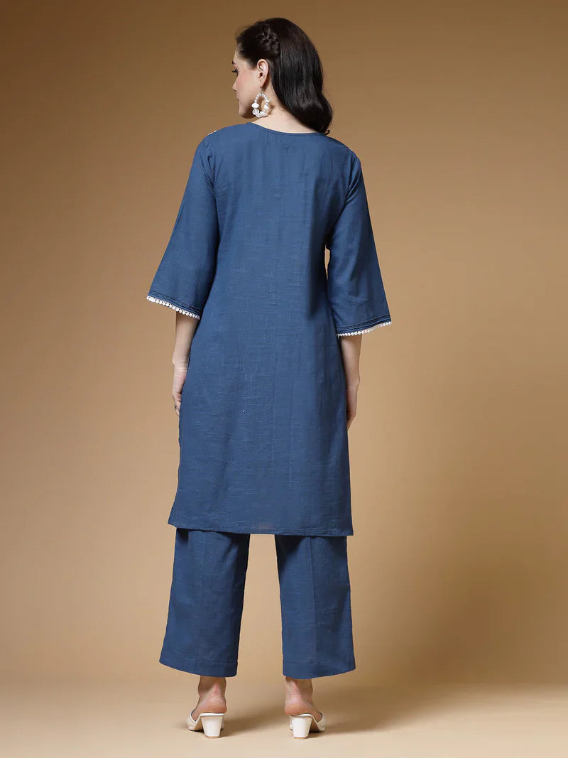"Charvi" - Elegant Cotton Slub Kurta & Straight Pants Set
