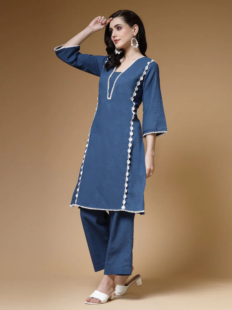 "Charvi" - Elegant Cotton Slub Kurta & Straight Pants Set