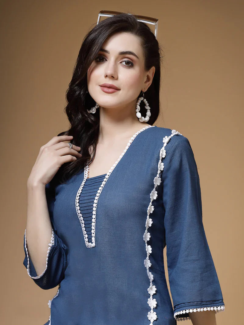 "Charvi" - Elegant Cotton Slub Kurta & Straight Pants Set