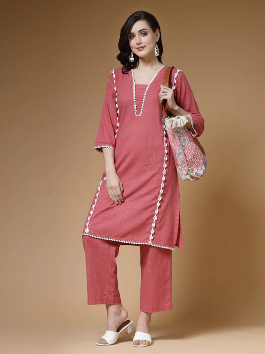 "Charvi" - Elegant Cotton Slub Kurta & Straight Pants Set