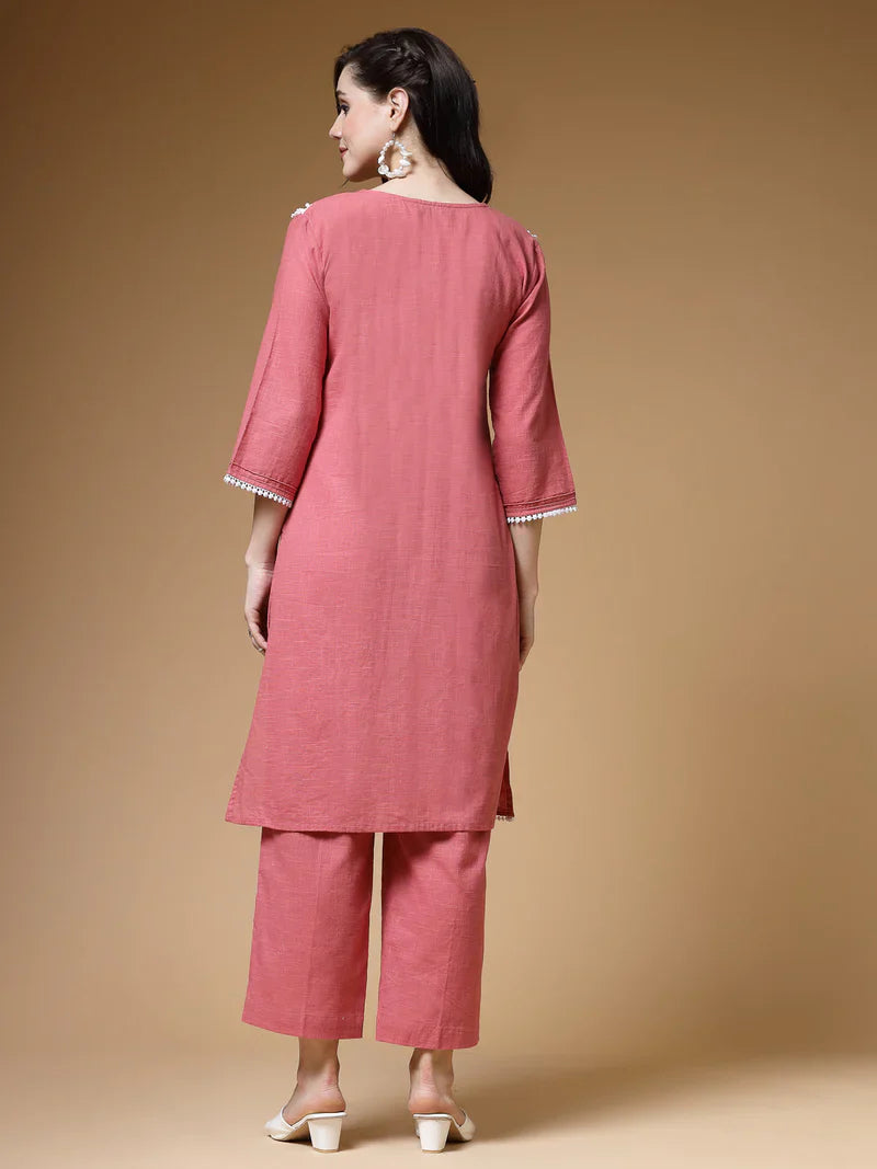 "Charvi" - Elegant Cotton Slub Kurta & Straight Pants Set