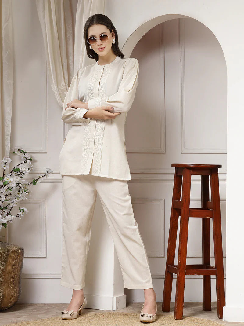 "Safaa" - Elegant Ivory Cotton Flex Tunic & Pants Set with Lace Detailing