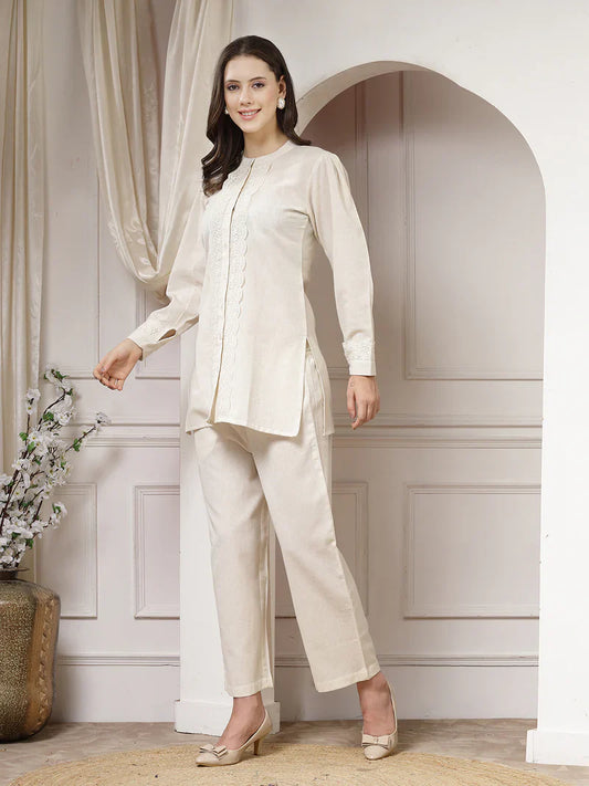 "Safaa" - Elegant Ivory Cotton Flex Tunic & Pants Set with Lace Detailing