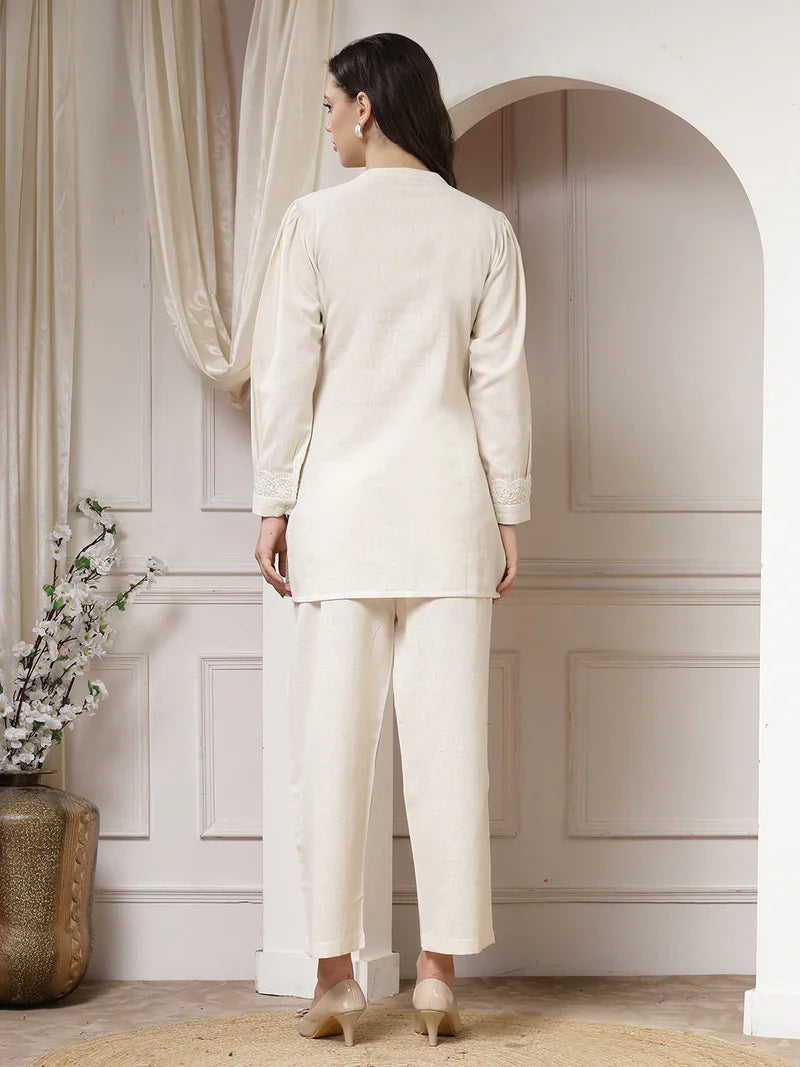 "Safaa" - Elegant Ivory Cotton Flex Tunic & Pants Set with Lace Detailing