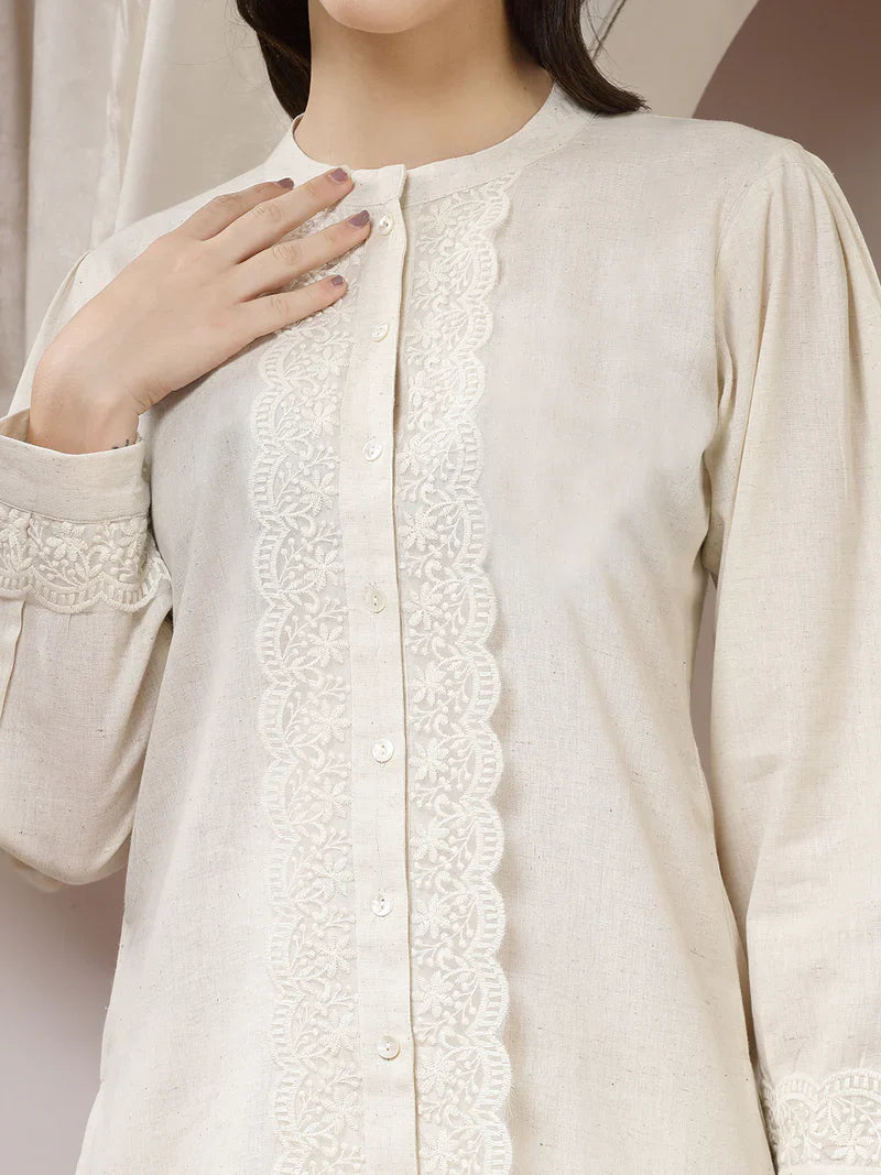 "Safaa" - Elegant Ivory Cotton Flex Tunic & Pants Set with Lace Detailing