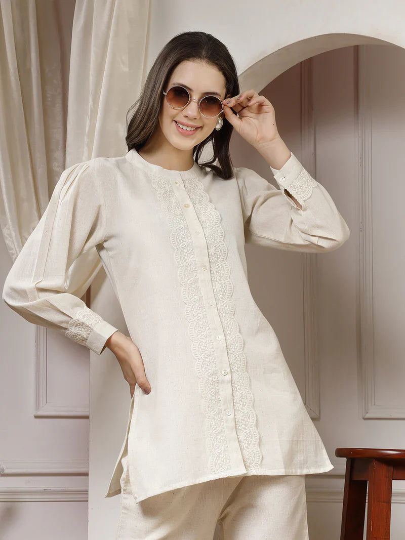 "Safaa" - Elegant Ivory Cotton Flex Tunic & Pants Set with Lace Detailing