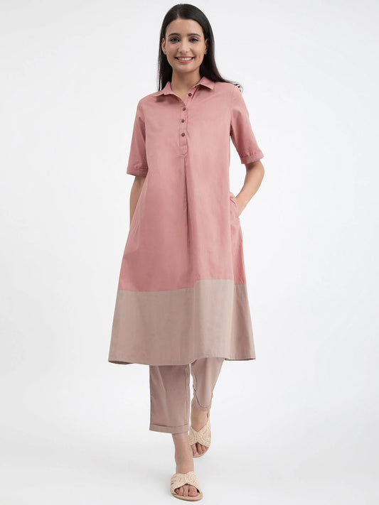Muted Bloom – Blush & Beige Colourblock Cotton Kurta Set