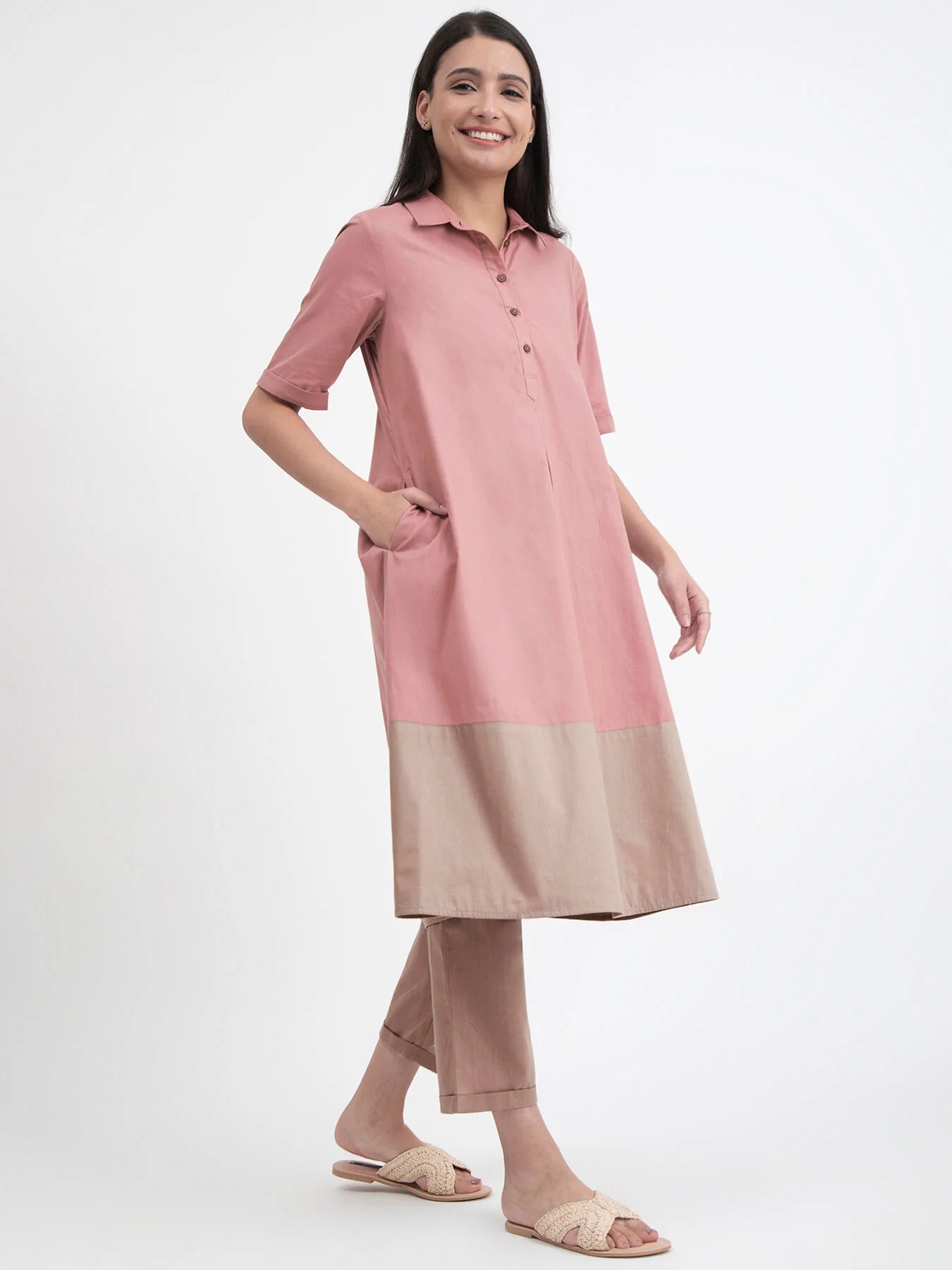 Muted Bloom – Blush & Beige Colourblock Cotton Kurta Set