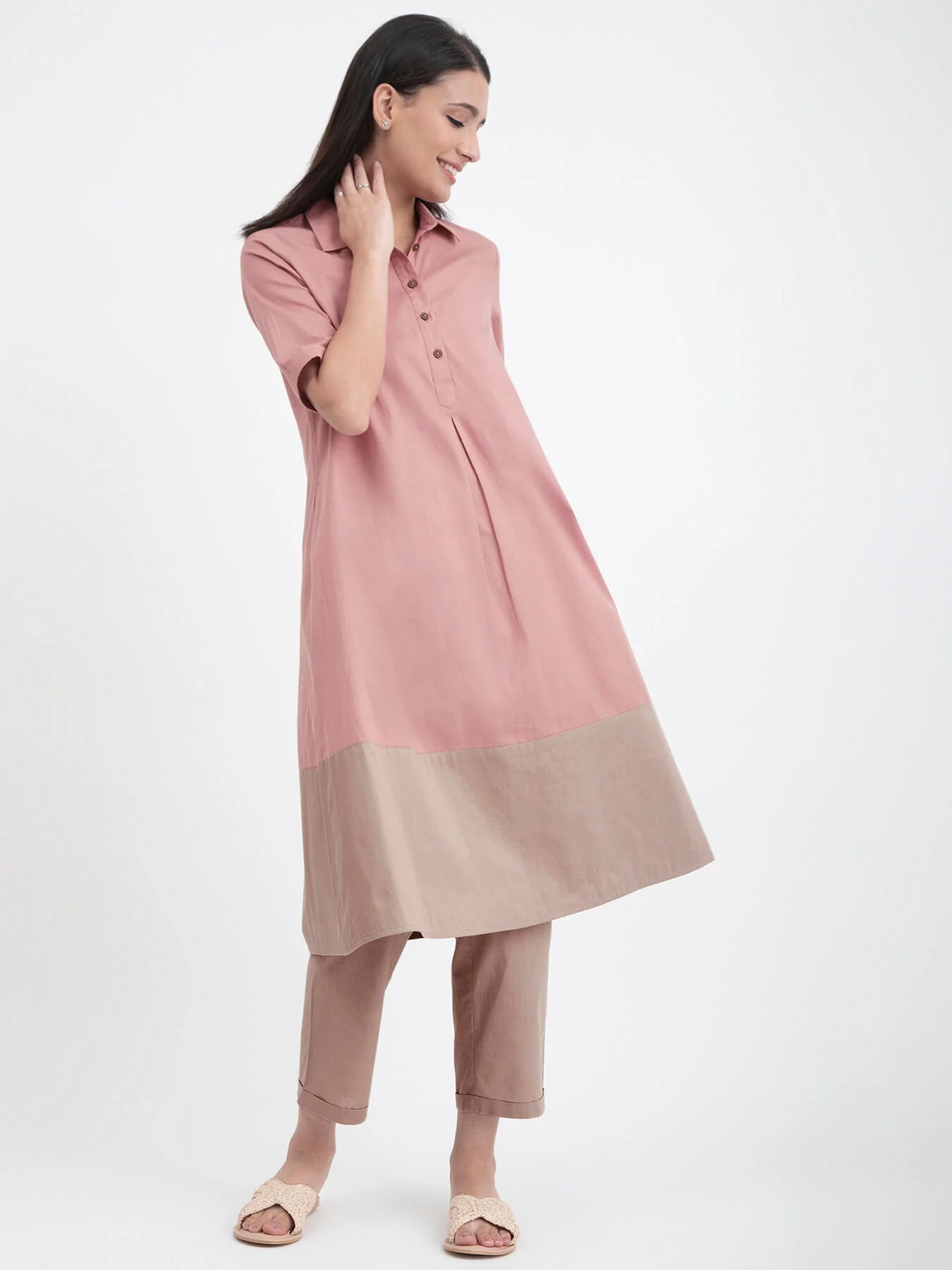 Muted Bloom – Blush & Beige Colourblock Cotton Kurta Set