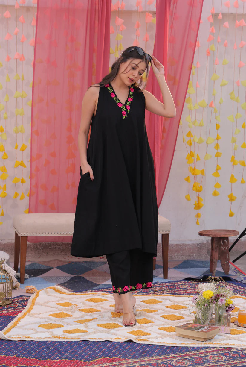 Midnight Rose Cotton Slub Co-ord Set – Hand-Embroidered Floral Grace by Vedora