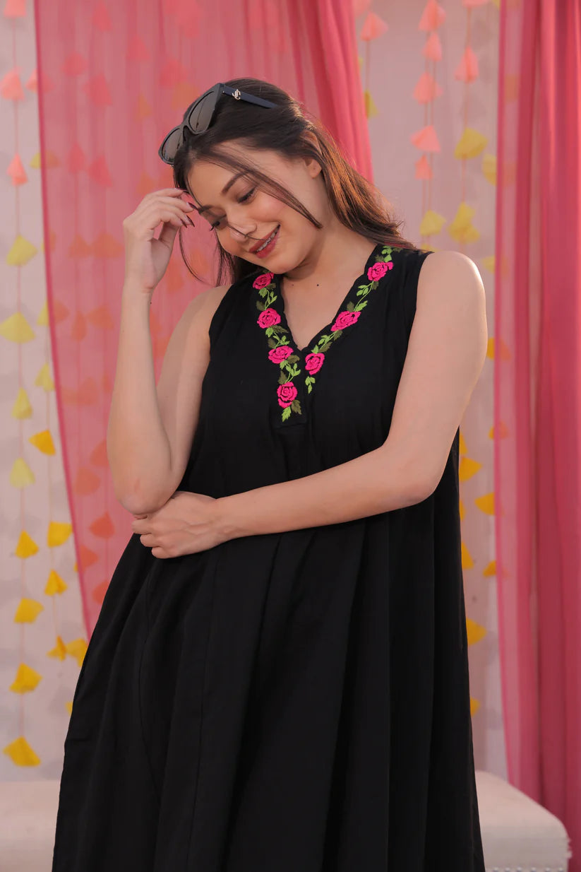 Midnight Rose Cotton Slub Co-ord Set – Hand-Embroidered Floral Grace by Vedora