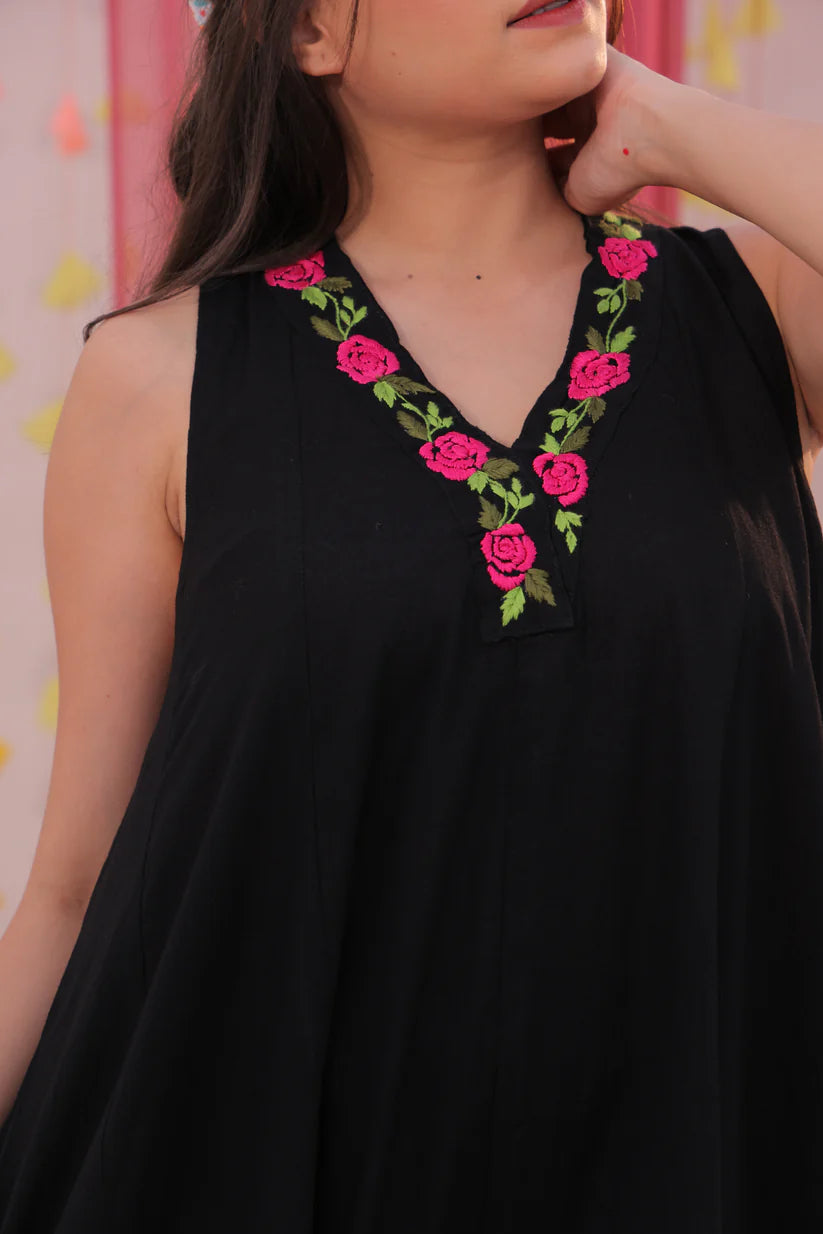 Midnight Rose Cotton Slub Co-ord Set – Hand-Embroidered Floral Grace by Vedora